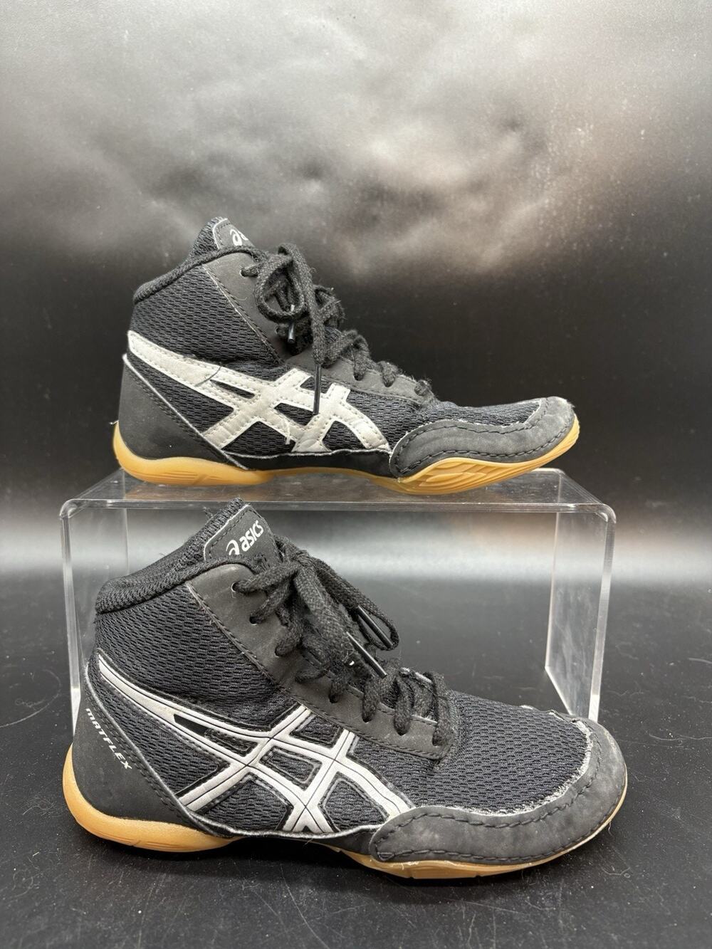 Asics Matflex 5 GS Wrestling Shoes Youth Size 1 C545N Black Silver Tan Lace Up